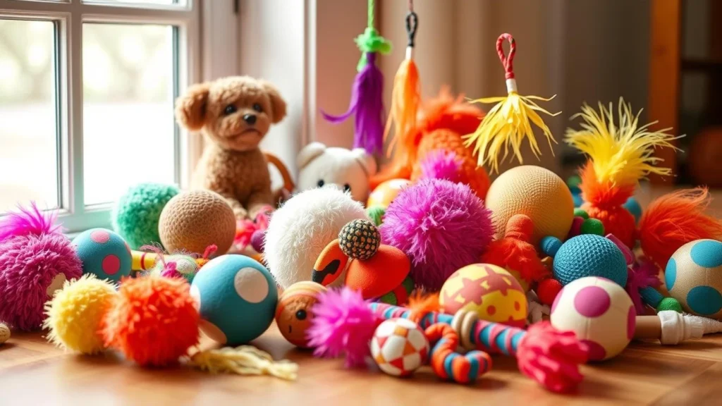 Bolas, bichos de pelúcis e outros brinquedos junto à janela e sobre uma bancada. Estes brinquedos ajudam a manter seu pet ativo no apê.