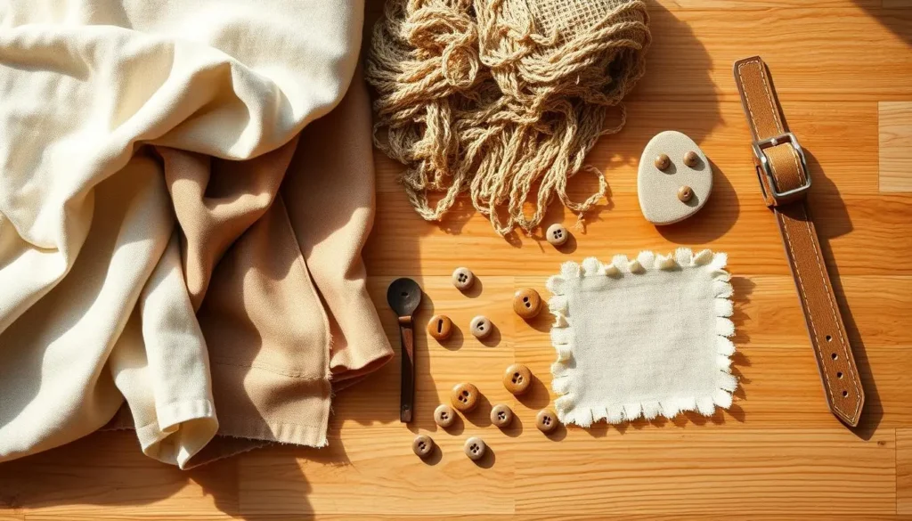 Tecidos usados, lãs, lenço, botões, entre outros materiais de costura sobre a mesa. É possível criar roupas novas pro seu pet reciclando peças.