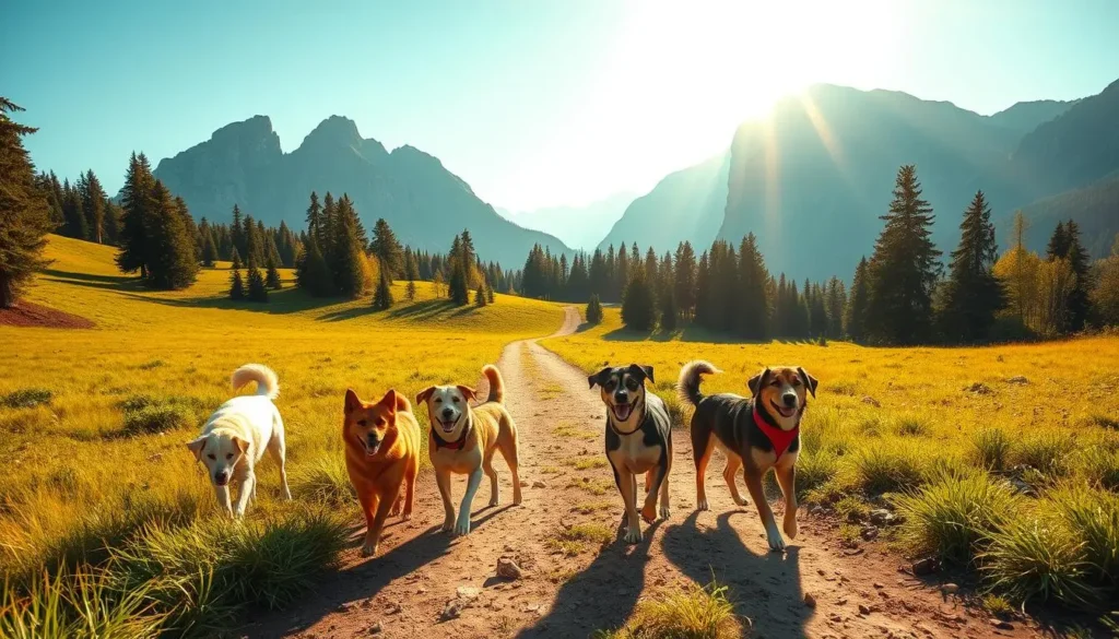Cinco cachorros passeando em uma trilha de chão arenoso com algumas pedras. Campos na equerda e direita, árvores de coníferas e montanhas ao fundo. Trilha de aventura é um dos lugares surpreendentes para passear com pets ao ar livre.