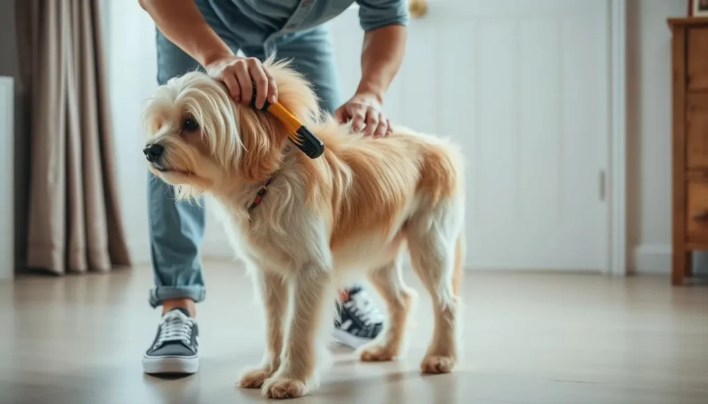 Pessoa com uma escova e um cachorro em um ambiente residencial, cortina cinza ao fundo, porta da peça da residencia e uma mobilia de madeira. Escovação eficiente é uma das Técnicas Caseiras de Banho e Tosa que ajudam na higienização do seu pet.